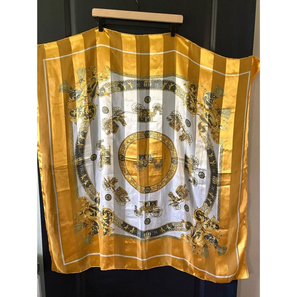 Large Scarf with Gold Black White Stage Coach Print.